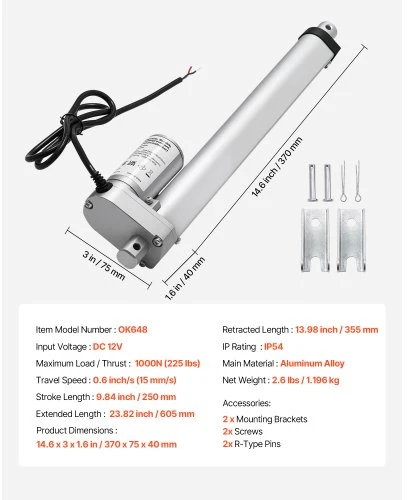 VEVOR 12 V linijinis aktuatorius, 250 mm eiga, 15 mm/s, 1000 N, IP54, su montavimo kronšteinu