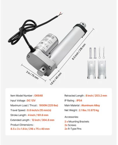 VEVOR 12 V linijinis aktuatorius, 101,6 mm eiga, 15 mm/s, 1000 N, IP54