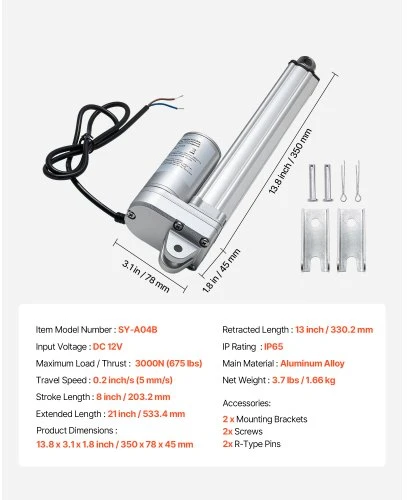 VEVOR 12 V linijinis aktuatorius, 203,2 mm eiga, IP65, 3000 N