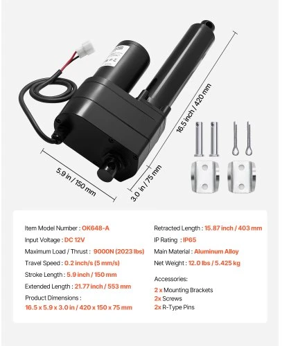 VEVOR 12 V linijinis aktuatorius, 150 mm eiga, 9000 N, 5 mm/s, su montavimo laikikliais