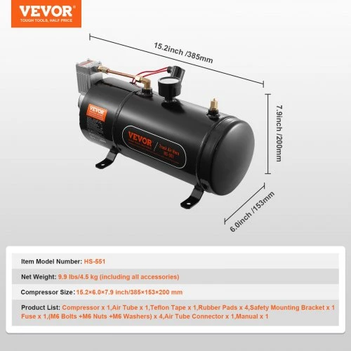 VEVOR 12 V oro kompresorius su baku 3 l, 120 psi, skirtas traukinių signalams