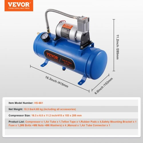 VEVOR 12 V oro kompresorius su baku 6 l, 120 psi, skirtas traukinių signalams