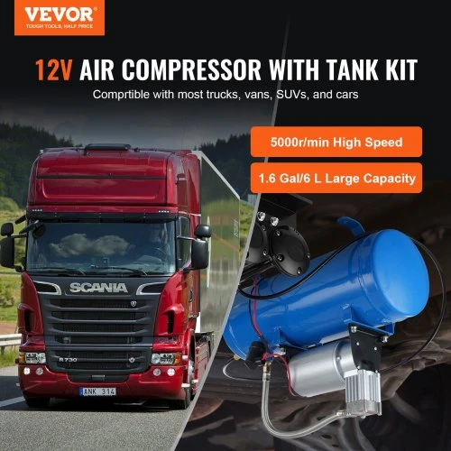 VEVOR 12 V oro kompresorius su baku 6 l, 120 psi, skirtas traukinių signalams