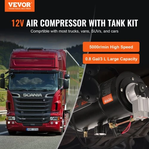 VEVOR 12 V oro kompresorius su baku 3 l, 120 psi, skirtas traukinių signalams