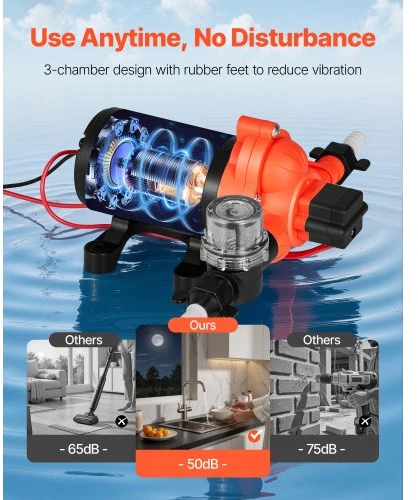 VEVOR 12 V vandens siurblys RV, 4 GPM (15,1 l/min), 3 kamerų, savaiminio įsiurbimo, 40 PSI
