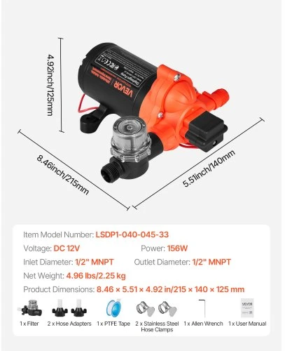 VEVOR 12 V vandens siurblys RV, 4 GPM (15,1 l/min), 3 kamerų, savaiminio įsiurbimo, 40 PSI