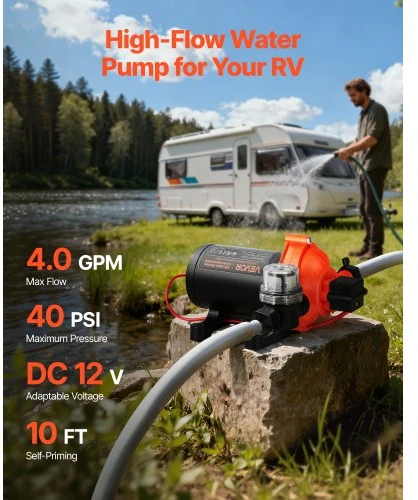 VEVOR 12 V vandens siurblys RV, 4 GPM (15,1 l/min), 3 kamerų, savaiminio įsiurbimo, 40 PSI