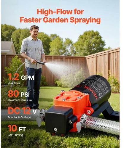 VEVOR 12 V vandens slėgio siurblys, 1,2 GPM (4,5 l/min), 2 kamerų savaiminio įsiurbimo diafragminis, 80 PSI