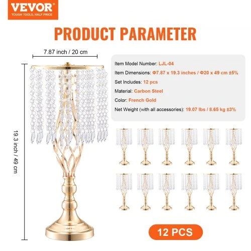 Koduva VEVOR 12 vnt 49 cm aukščio metalinis vestuvinis vazos stovas, French Gold, LJL-04