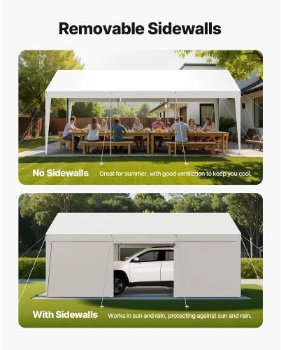 Koduva VEVOR 12 x 20 FT lauko automobilio pastogė, balta, su nuimamomis šoninėmis sienelėmis ir durelėmis