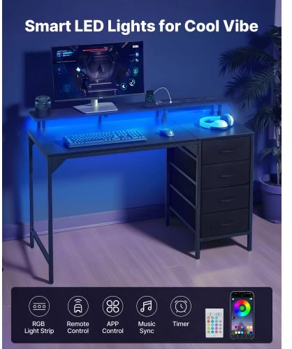 Koduva VEVOR 120 cm kompiuterinis stalas su išmaniomis LED lemputėmis ir maitinimo lizdais, juodas