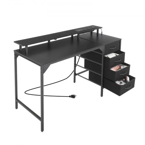 Koduva VEVOR 120 cm kompiuterinis stalas su išmaniomis LED lemputėmis ir maitinimo lizdais, juodas