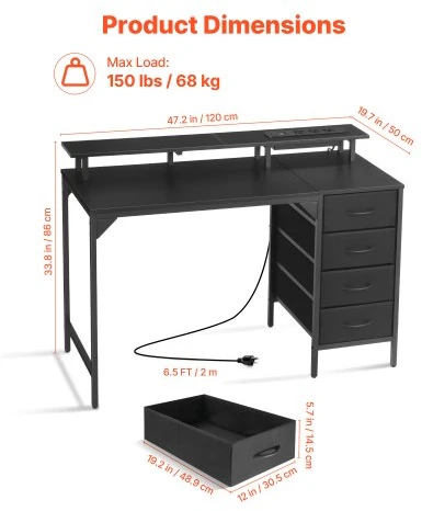 Koduva VEVOR 120 cm kompiuterinis stalas su išmaniomis LED lemputėmis ir maitinimo lizdais, juodas
