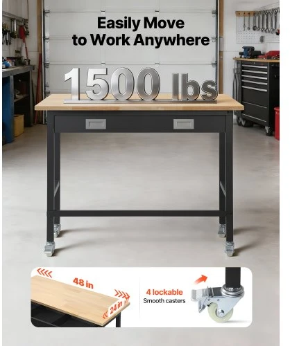VEVOR 1220 mm darbo stalas su stalčiumi ir ratukais, 680 kg