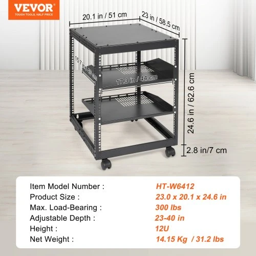 Koduva VEVOR 12U atviro rėmo serverinė spinta, reguliuojamas gylis 58,5–101,6 cm, 4 stulpų, su ratukais