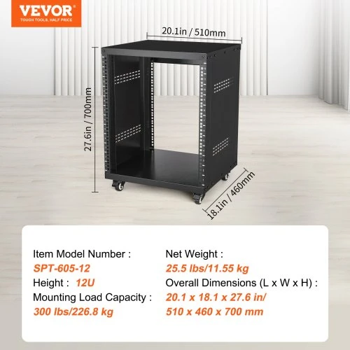 Koduva VEVOR 12U AV stovas-rėmas, 226,8kg, 510 x 460 x 700 mm
