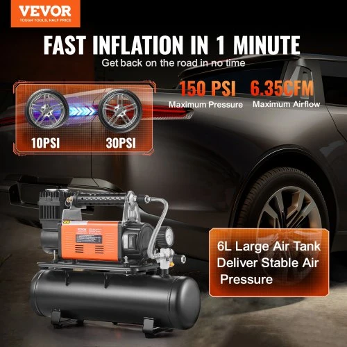 Koduva VEVOR 12V nešiojamas oro kompresorius su 6 l baku, 6.35 CFM, 150 PSI