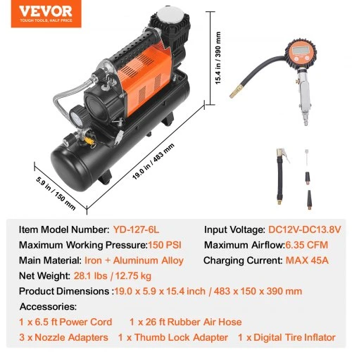 Koduva VEVOR 12V nešiojamas oro kompresorius su 6 l baku, 6.35 CFM, 150 PSI