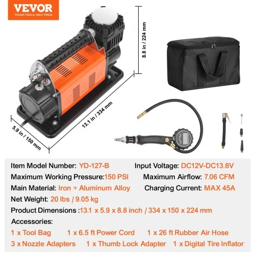 VEVOR 12V nešiojamas oro kompresorius, skaitmeninis slėgio matuoklis, 7.06 CFM, 150 PSI, YD-127-B