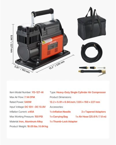 Koduva VEVOR 12V sunkiosios klasės oro kompresorius YD-127-AI, 540 W, 202 l/min, 150 PSI