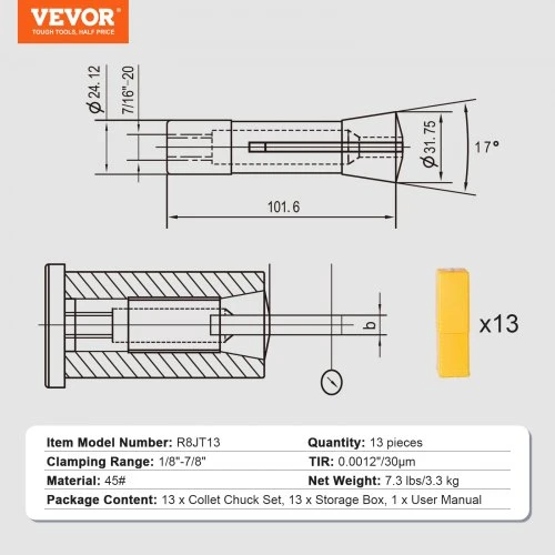 Koduva VEVOR 13 dalių R8 kolletų rinkinys, 1/8"–7/8", su žymėtomis laikymo dėžutėmis