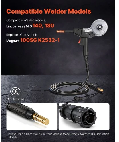 Koduva VEVOR 130 A ritės pistoletas su 3 m kabeliu, pakaitalas Lincoln Magnum 100SG K2532-1, su 11 vnt. antgalių, ER4043 0,9 mm viela ir dėklu