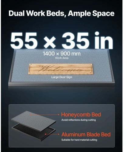 Koduva VEVOR 130W CO2 lazerinis graviruoklis ir pjaustyklė, 1400 x 900 mm, su vandens aušintuvu, 2 krypčių oro pagalba, autofokusavimas