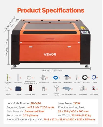 Koduva VEVOR 130W CO2 lazerinis graviruoklis ir pjaustyklė, 1400 x 900 mm, su vandens aušintuvu, 2 krypčių oro pagalba, autofokusavimas