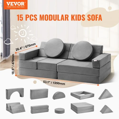 Koduva VEVOR 15 dalių modulinė vaikų sofa ETW001-11, 25D kempinė, velvetas