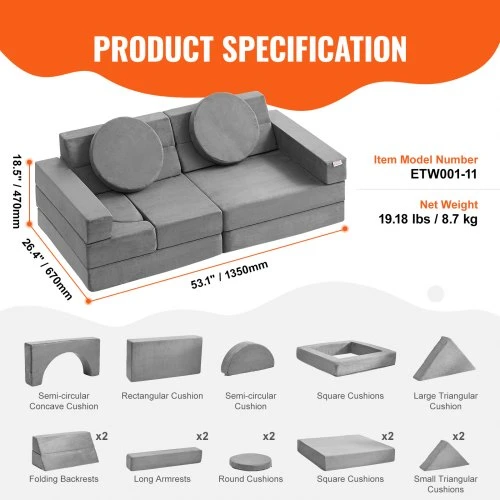 Koduva VEVOR 15 dalių modulinė vaikų sofa ETW001-11, 25D kempinė, velvetas