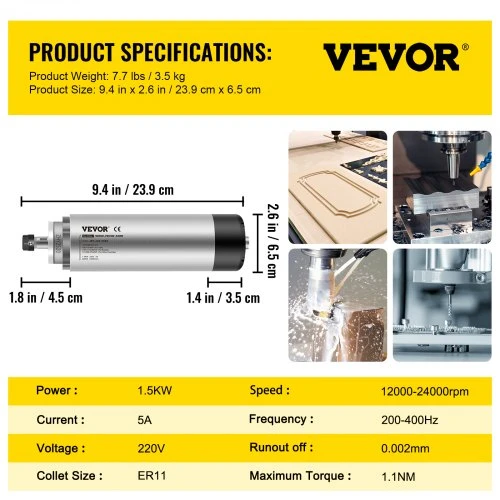 Koduva VEVOR 1,5 kW oru aušinamas CNC suklio variklis, 220–250 V, 8000–24000 aps./min., 65 x 205 mm
