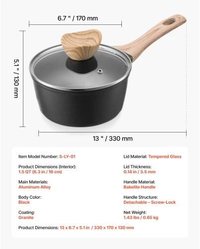 VEVOR 1,5 QT padažas puodas su nelipnia danga, grūdinto stiklo dangčiu ir nuimama rankena, juodas