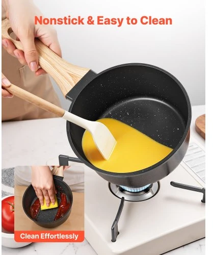 VEVOR 1,5 QT padažas puodas su nelipnia danga, grūdinto stiklo dangčiu ir nuimama rankena, juodas