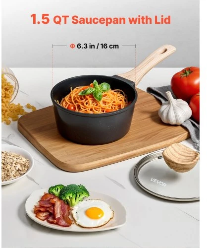 VEVOR 1,5 QT padažas puodas su nelipnia danga, grūdinto stiklo dangčiu ir nuimama rankena, juodas