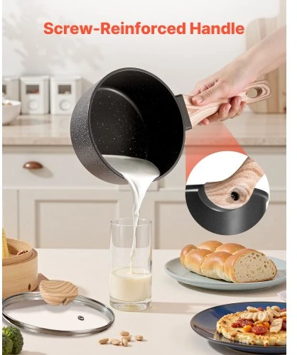 VEVOR 1,5 QT padažas puodas su nelipnia danga, grūdinto stiklo dangčiu ir nuimama rankena, juodas