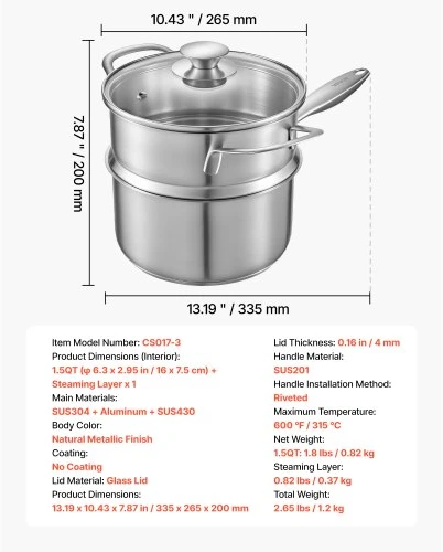 VEVOR 1,5 QT puodas su garintuvu, nerūdijančio plieno, su stikliniu dangčiu