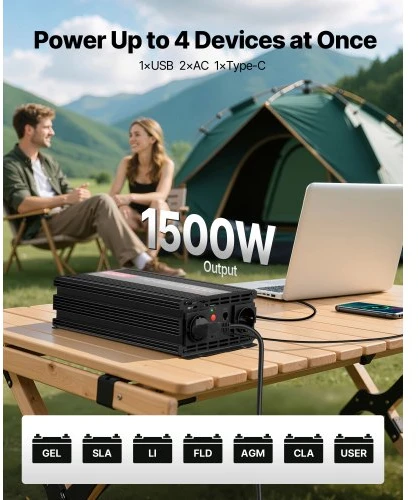 Koduva VEVOR 1500 W galios keitiklis, 12 V DC į 230 V AC, grynos sinusoidės, su nuotolinio valdymo pultu, USB ir Type-C
