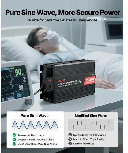 Koduva VEVOR 1500 W galios keitiklis, 12 V DC į 230 V AC, grynos sinusoidės, su nuotolinio valdymo pultu, USB ir Type-C