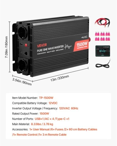 Koduva VEVOR 1500 W galios keitiklis, 12 V DC į 230 V AC, grynos sinusoidės, su nuotolinio valdymo pultu, USB ir Type-C