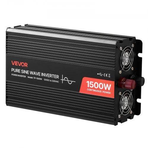 Koduva VEVOR 1500 W galios keitiklis, 12 V DC į 230 V AC, grynos sinusoidės, su nuotolinio valdymo pultu, USB ir Type-C