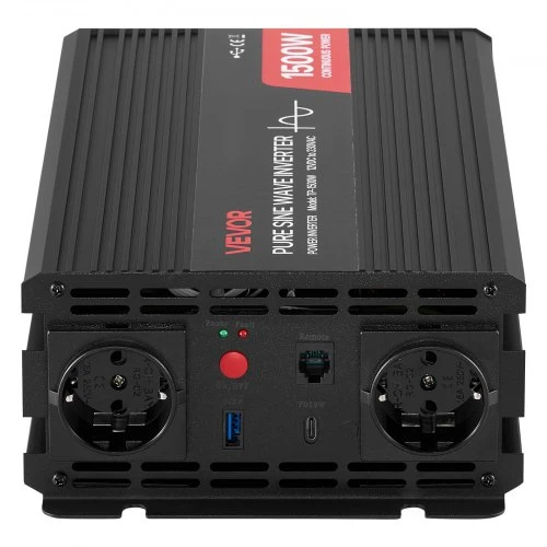 Koduva VEVOR 1500 W galios keitiklis, 12 V DC į 230 V AC, grynos sinusoidės, su nuotolinio valdymo pultu, USB ir Type-C