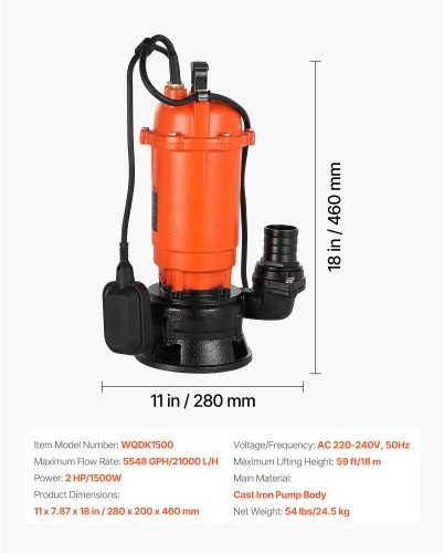 VEVOR 1500 W panardinamasis šiukšlių siurblys, 21 000 l/h, ketaus, su automatiniu plūdinio jungikliu
