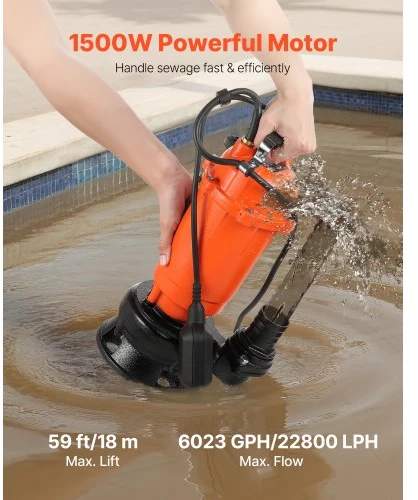 VEVOR 1500 W panardinamasis siurblys nešvariam vandeniui, 22800 l/h, ketaus, su automatiniu plūdiniu jungikliu