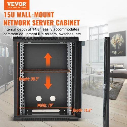 Koduva VEVOR 15U sieninis tinklo serverio rack spinta, 45,7 cm gylis, stiklinės durys su spyna