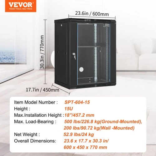 Koduva VEVOR 15U sieninis tinklo serverio rack spinta, 45,7 cm gylis, stiklinės durys su spyna