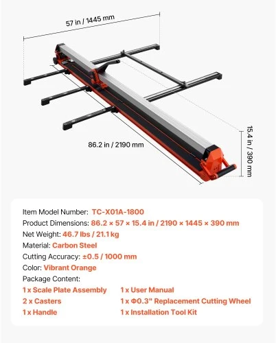 VEVOR 1800 mm rankinis plytelių pjaustytuvas su reguliuojamu bėgiu ir slankia galvute