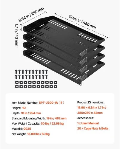 Koduva VEVOR 1U serverio stelažo lentyna, 4 vnt., 22,68 kg keliamoji galia, ventiliuojama, 254 mm gylio