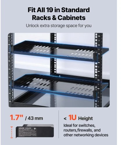 Koduva VEVOR 1U serverio stelažo lentyna, 4 vnt., 22,68 kg keliamoji galia, ventiliuojama, 254 mm gylio