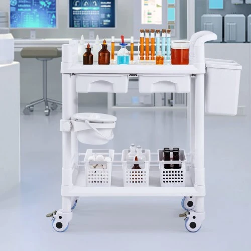 Koduva VEVOR 2 aukštų laboratorinis vežimėlis su 2 padėklais, 2 stalčiais ir 4 tyliais ratukais
