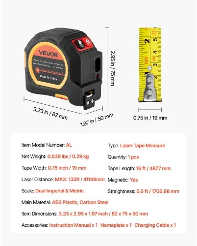 VEVOR 2-in-1 lazerinis ruletės matuoklis, įkraunamas 41 m, 4,8 m juosta, magnetinis
